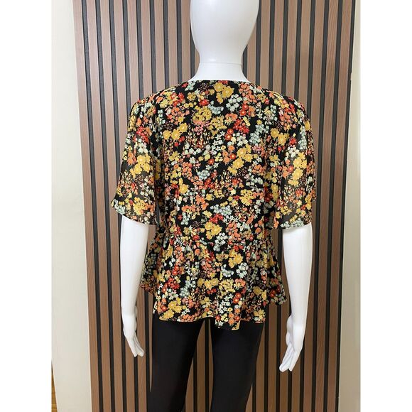 Madewell Women's M Yellow Blouse Polyester Top Floral Peplum Wrap Boho V-Neck - Picture 2 of 9